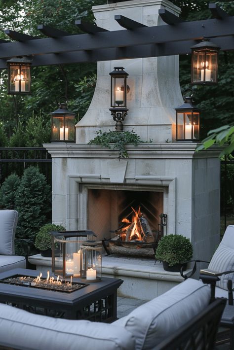 Transform Your Backyard: 25 Stunning Outdoor Fireplace Ideas for Cozy Evenings Corner Fireplace Outdoor, Outdoor Dining With Fireplace, Outdoor Fireplace With Television, Outdoor Fireplace With Fountain, European Outdoor Fireplace, Stone Patio Fireplace, Fireplace In Backyard, Fireplace Outside Ideas, Outdoor Fireplace Seating Ideas