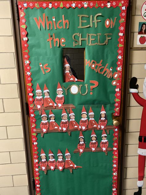 Which elf on the shelf is watching you? Each students face and teacher was put on an elf! Elf On The Shelf Classroom Door Ideas, Elf On The Shelf Classroom Door, Elf On The Shelf Door Ideas, Elf Classroom Decorations, Christmas Classroom Door Ideas Teachers, Elf Classroom Door, Elf On The Shelf Door Decoration, Elf On The Shelf Door, Elf On The Shelf Bulletin Board Ideas