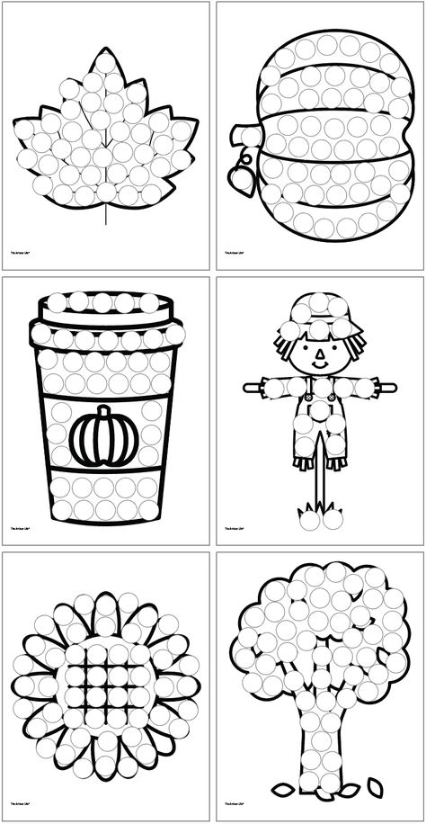 These free printable dot marker coloring pages for fall are so much fun! Dot it pages are a no-prep fine motor activity for toddlers and preschoolers. Get your free dot painting pages today! F Is For Fall Coloring Page, Preschool Fall Cooking Activities, Fall Art Ideas For Kindergarten, Halloween Activities For Three Year Olds, Fall Theme Pre K Activities, Leaf Dot Marker Printable, Scarecrow Activity Preschool, Dot Art For Preschoolers, Fall Dot Art Printables