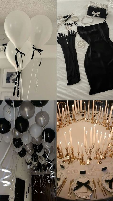 19 Birthday Party Ideas For Her, Black Themed 18th Birthday Party, Birthday Ideas Themes Adults, Black Silver Birthday Theme, Black And White Bow Theme Party, Black And White Birthday Theme Ideas, Rip Teens Birthday, Birthday Party Ideas Black And White, Black Tie Sweet 16