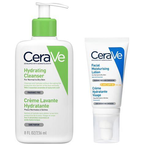 A must-have skincare duo for normal to dry skin, CeraVe’s Cleanse and Moisturise Bundle unites a hydrating cleanser and SPF50 day cream. Powered by a trio of ceramides, the duo seeks to lock in moisture for long-lasting hydration.  Set Contents:  AM Facial Moisturising Lotion SPF50 with Ceramides & Vitamin E for Normal to Dry Skin 52ml Infused with a blend of three ceramides, niacinamide and vitamin E, the moisturising day cream delivers long-lasting hydration alongside SPF50 protection.  Hydrat Cerave Hydrating Cleanser, Hydrating Makeup, Face Routine, Hydrating Cleanser, Skin Care Range, Skin Toner, Moisturizer With Spf, Skin Care Gifts, Skin Cleanser Products