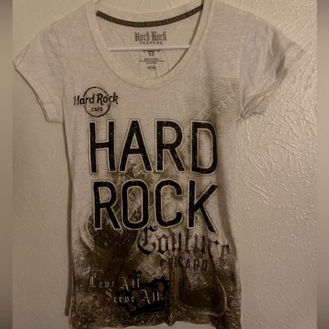 Nwot Hard Rock Chicago Shirt Stretchy Material. Cute With Beads Around “Hard Rock”. Size Xs Hard Rock Cafe Tshirt, Hardrock Cafe, Rock T Shirt, Y2k Baby Tee, Rock Cafe, Rock T Shirts, Hard Rock Cafe, Couture Tops, White Rhinestone