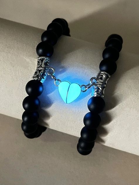 2pcs/set Couple Glow In The Dark Heart Charm Beaded Bracelet | SHEIN USA Glow In The Dark Friendship Bracelet, Charm Beaded Bracelet, Couples Accessories, Set Couple, Crystal Bead Jewelry, Jewelry Holders, Club Color, Dark Heart, Couple Jewelry