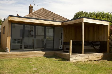 Corner Garden Room Ideas, L Shaped Summer House Ideas, Garden Room With Veranda, Garden Granny Annexe, Garden Room With Hot Tub, L Shaped Garden Room, L Shape Garden Room, Outdoor Gameroom, Garden Annexe Guest Houses