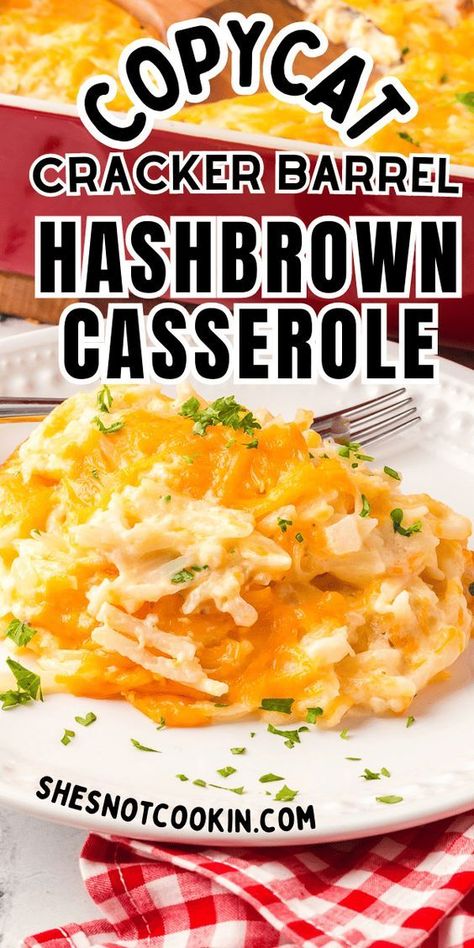 This Copycat Cracker Barrel Hashbrown Casserole has only seven simple ingredients and takes five minutes prep time. Serve it with breakfast, brunch or dinner. This easy side dish recipe is always a crowd-pleaser! Ritz Cracker Hashbrown Casserole, Refrigerator Hashbrown Recipes, Side Dishes With Hashbrowns, Crockpot Cracker Barrel Hashbrown Casserole, Cheesy Hashbrown Casserole Cracker Barrel, Cheesy Potatoes Cracker Barrel, Cracker Barrel Cheesy Hashbrowns, Bfast Casserole With Hashbrowns, Make Ahead Hashbrown Casserole Cheesy Potatoes