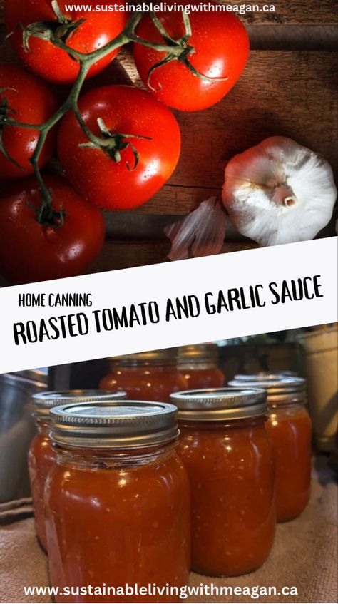 Roasted tomatoes, garlic and herb sauce for water bath canning.  Preserve seasonal tomato woth home canning. Water bath canning tomato sauce for beginners. Click link to learn how. #canning #tomatoes #canningforbeginners #waterbathcanning #canningtomatosauce #roastedtomatoes #pastasauce #prepping Ball Canning Tomato Sauce, Oven Roasted Tomato Sauce For Canning, Roasted Tomato Sauce Canning, Canning Diced Tomatoes Water Bath, Water Bath Canning Tomatoes, Tomato Sauce For Canning, Canning Water Bath, Canning Tomatoes Water Bath, Canning Tomato Sauce