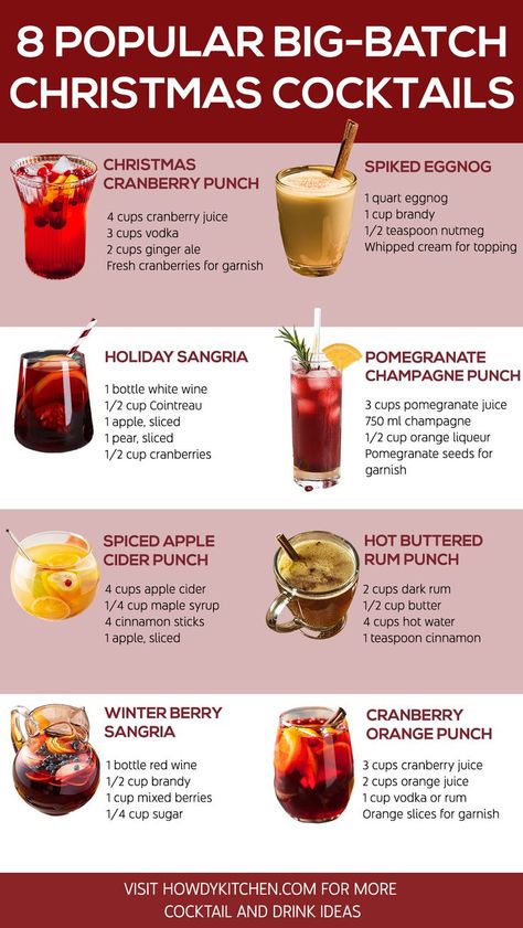 A vibrant guide to 8 popular big-batch Christmas cocktails, featuring drinks like Cranberry Orange Punch and Spiked Eggnog, great for serving at holiday parties. Premade Holiday Cocktails, Seasonal Alcoholic Drinks, Large Batch Christmas Margarita, Nye Party Drinks, Christmas Drink Decorations, Simple Holiday Drinks Alcohol, Christmas Spiked Drinks, Christmas Party Alcoholic Beverages, Christmas Cocktails Easy Party Drinks