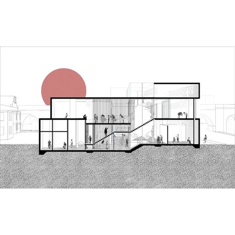 Architecture Section Drawing Black White, Structural Section Architecture, Section Post Production Architecture, Site Section Architecture Drawing, Architectural Drawings Presentation, Architectural Section Presentation, Section Drawing Architecture, Diagram Illustration, Presentation Techniques