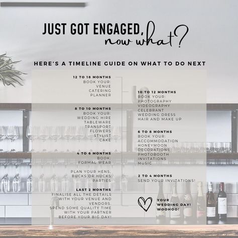 Just got engaged and not sure where to start? We're here to help 😉 We understand that it can be quite overwhelming with all the planning and options out there, so we've created a timeline guide to help you plan your big day! DISCLAIMER: This is just a guide and it might change over time, however, the BEST ADVICE we can give you is to BOOK EARLY so you have heaps of vendor options, as some of them get booked as early as 2 years before! So, as soon as you find the vendors for you, book them ... Engagement Timeline One Year, Short Engagement Timeline, Engagement Timeline, Just Got Engaged, Short Engagement, Create A Timeline, Wedding Planning Timeline, The Best Advice, Got Engaged