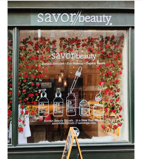 Skincare Window Display Ideas, Front Store Display, Skincare Window Display, Retail Window Display Ideas Store Fronts, Boutique Store Front Ideas Entrance, Spa Window Display, Beauty Salon Window Display Ideas, Cosmetic Window Display, Shopfront Design Retail