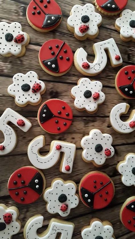 Bug Birthday Cakes, Ladybug Party Decorations, Ladybug Cookies, Number Cookies, Birthday Ladybug, Miraculous Ladybug Party, Ladybug Cakes, Bug Cake, Ladybug Cake