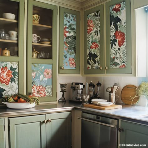 Vintage Wallpaper Cabinets, Mural On Kitchen Cabinets, Kitchen Cabinet Decal Ideas, Art On Cabinet Doors, Fabric Kitchen Cabinets Doors, Wallpaper On Cupboard Doors, Contact Paper On Dishwasher, Wallpapered Kitchen Cabinets, Wallpaper Kitchen Cabinets Doors