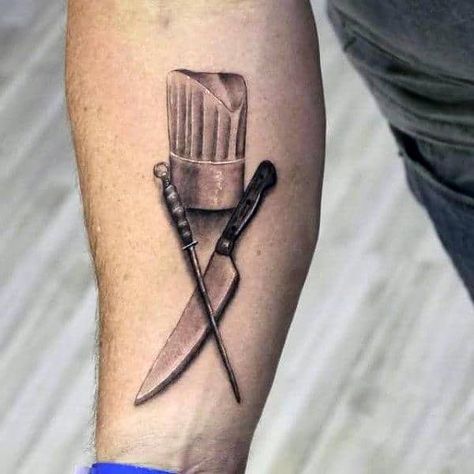 Chef Hat With Knife Mens Inner Forearm Tattoos Chef Knife Tattoo, Koch Tattoo, Cooking Tattoo, Culinary Tattoos, Tattoo Main, Chef Tattoo, Cupcake Tattoos, Tatuagem Masculina Pequena, Food Tattoos