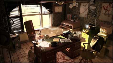 ArtStation - 70's Detective Office, Anton Freixas Detective Office, Modern Assassin, Noir Detective, Detective Aesthetic, Original Background, Eyes Game, Private Detective, Private Eye, Detective Story