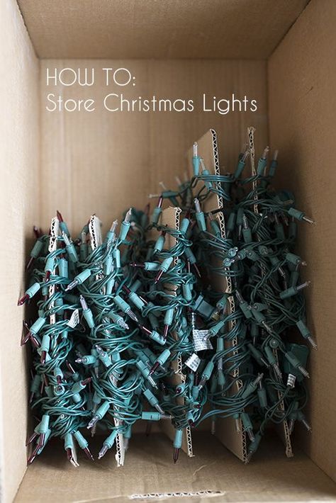 When you wrap your lights around pieces of disposable cardboard before putting them in storage, you can write handy reminders ("only half this strand works" "use this set for the porch") that'll keep you organized next year. See more at A Real-Life Housewife »  - GoodHousekeeping.com Store Christmas Lights, Christmas Decoration Storage, Lights Wallpaper, Christmas Lights Outside, Christmas Light Installation, Christmas House Lights, Holiday Storage, Christmas Organization, Christmas Hacks