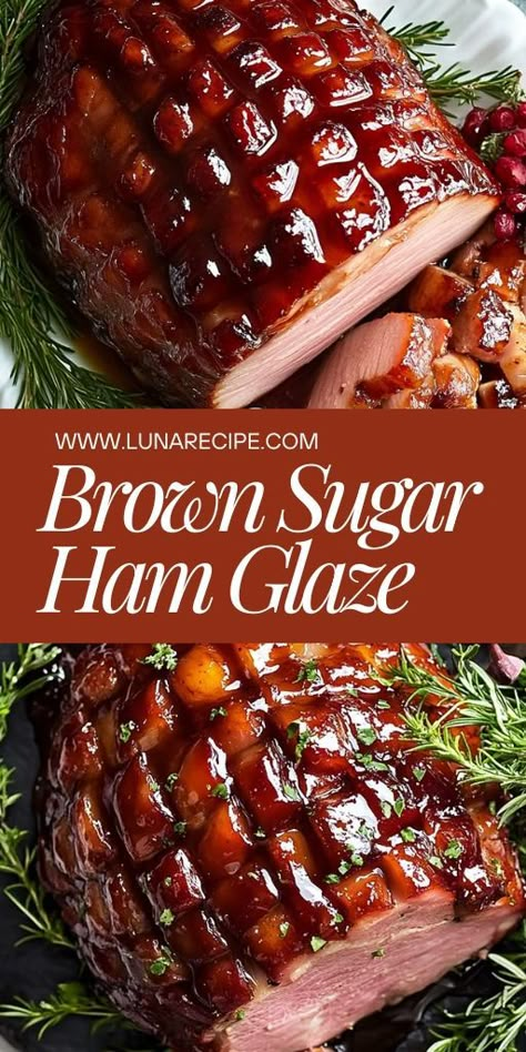 This Brown Sugar Ham Glaze creates a wonderfully sticky and caramelized crust! 🍖✨ With its perfect balance of sweet and savory, this glaze elevates any ham, making it a standout dish for holiday meals, family dinners, or special gatherings.  📌 Save this pin to make a rich and flavorful brown sugar ham glaze for your next holiday feast! #BrownSugarHam #HamGlaze #HolidayRecipes #CaramelizedHam #SweetAndSavory #ChristmasMeals Molasses Ham Glaze Recipe, Honey Brown Sugar Glaze For Ham, Han Glaze Recipes, Honey Glaze For Ham Brown Sugar, Ham Topping Brown Sugar, Brown Sugar Honey Glazed Ham In Crockpot, Bourbon Brown Sugar Ham, Honey And Brown Sugar Ham Glaze, Simple Ham Glaze Brown Sugar