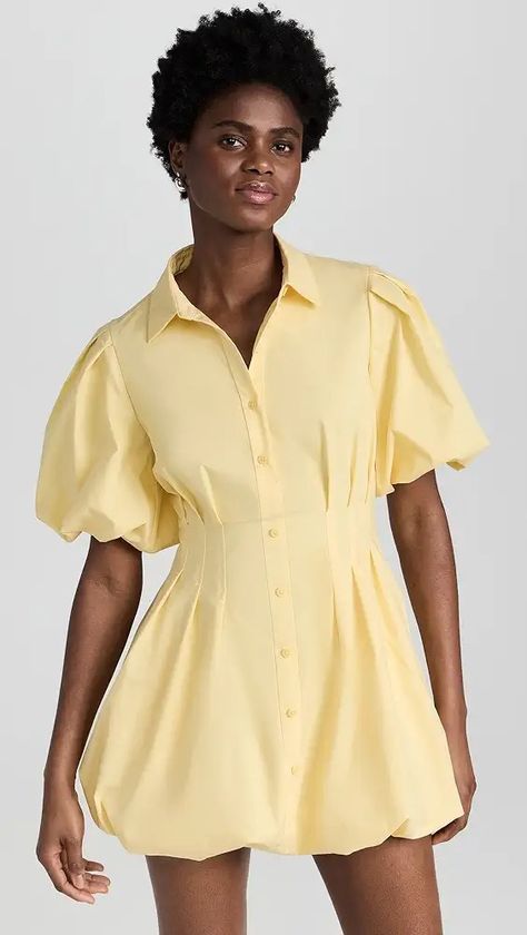 ballon jeans | Shopbop Balloon Dress, Yellow Mini Dress, Cotton Poplin Dress, Bubble Hem, Pleated Mini Dress, Poplin Dress, Pin Tucks, Poplin Fabric, Puff Sleeves