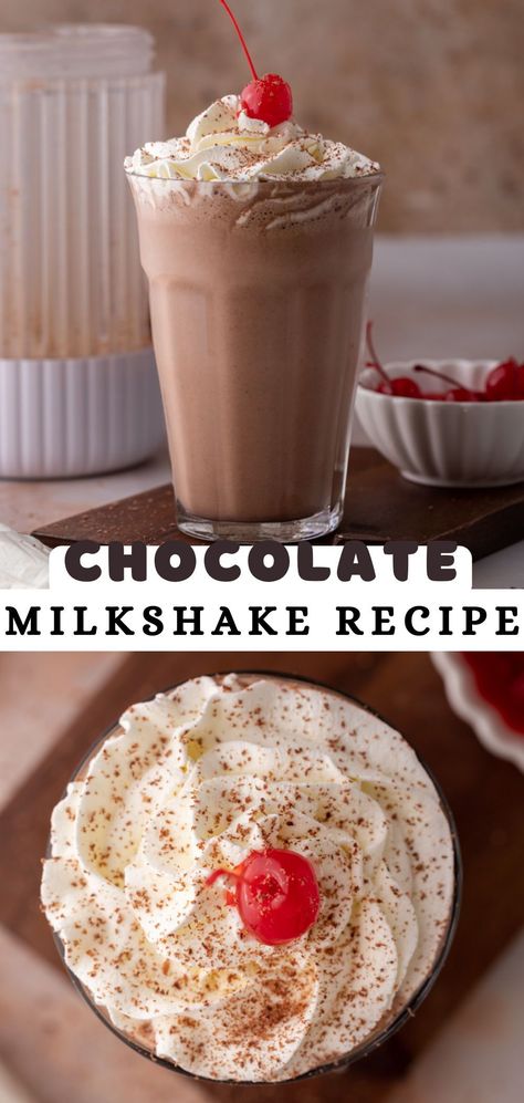 This simple chocolate milkshake recipe is life-changing! It is made with simple ingredients like vanilla ice cream, milk, chocolate sauce, and cocoa powder to deepen that chocolate flavor. Top it with whipped cream and a cherry on top for a gorgeous and oh-so-delicious chocolate drink! Easy Chocolate Milkshake Recipe, Vanilla Bean Frappuccino Recipe, Milk Chocolate Sauce, Chocolate Milkshake Recipe, Chocolate Shake Recipe, Yummy Milkshake Recipes, Milkshake Recipe Easy, Homemade Milkshake, Milkshake Recipe Chocolate