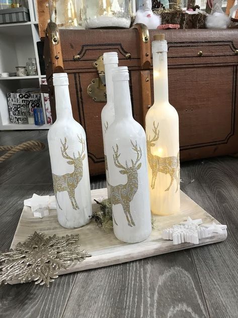 Christmas Candle Holders Diy, Bottle Decoration Ideas, Christmas Bottles, Reuse Wine Bottles, Wine Bottle Crafts Christmas, Crafts With Glass Jars, Cricut Christmas Ideas, Coastal Christmas Decor, Bottle Decoration