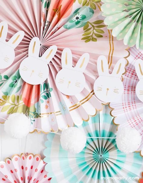 Kid’s Easter Party Ideas – Momo Party Easter With Kids, Easter Party Ideas, Brunch Celebration, Bunny Banner, Yarn Pom Poms, Honeycomb Decorations, Bunny Party, Baby Shower Tea, Bunny Birthday