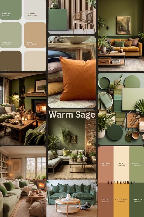 Home Decor Nature Inspired Color Palettes, Sage Green And Ochre Living Room, Terracotta And Sage Interior, Modern Indie Interior Design, Green Interiors Living Room, Green And Tan Living Room Decor, Soft Terracotta Color Palette, Emerald Green And Rust Living Room, Green And Ochre Living Room