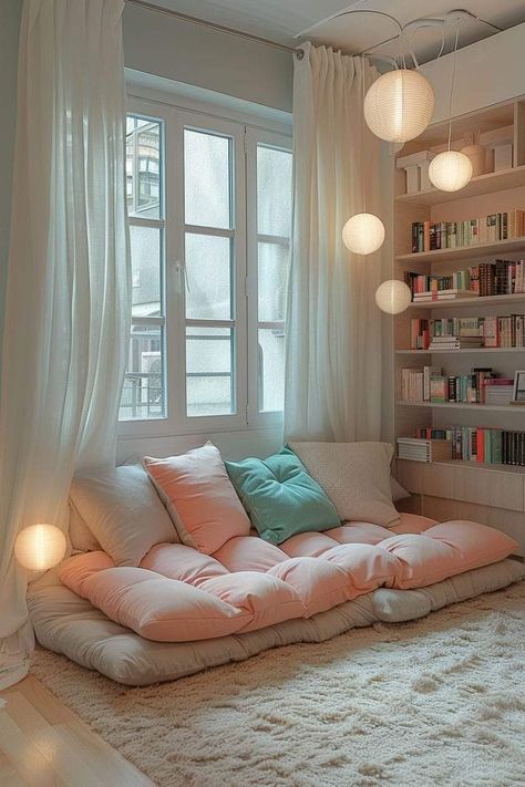 Cozy Sitting Area Reading Corners, White Reading Room, Room Corner Ideas Bedroom, Cosy Corner In Bedroom, Little Corner Decor Spaces, Cute Bedroom Decor Cozy, How To Make A Reading Nook, Reading Book In Bedroom, Small Corner Reading Nook