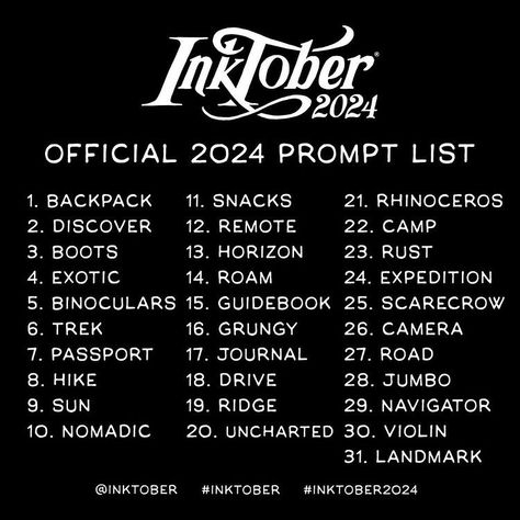 Inktober | The Inktober 2024 prompt list is HERE!!! Are you ready for this?? We thought we’d try having a little bit of a theme to the prompts this... | Instagram Prompt List, Inktober 2016, Drawing Ideas List, Creative Drawing Prompts, Drawing Prompt, Ink Drawings, Art Prompts, Dessin Adorable, Creative Drawing