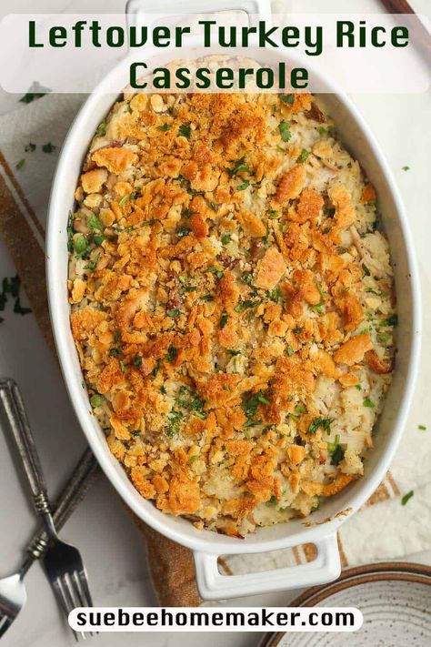 This Leftover Turkey Rice Casserole is a great way to use up holiday leftovers, and tastes amazing too. Make your own cream of chicken soup for a healthier creamy texture, and enjoy this delicious family favorite! Rice Turkey Casserole, Leftover Turkey Rice Casserole, Leftover Turkey And Rice Recipes, Turkey Rice Casserole Recipes, Turkey Broccoli Rice Casserole, Leftover Turkey Casserole Recipes, Turkey Rice Recipes, Turkey And Rice Recipes, Turkey Rice Casserole