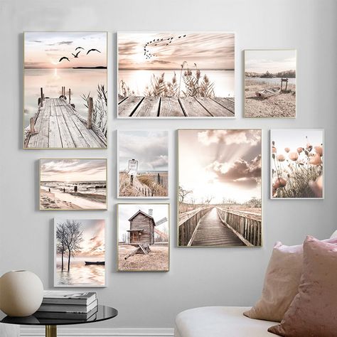 Landscape Gallery Wall, Bedroom Scandinavian, Scandinavian Home Decor, Deco Champetre, Sea Landscape, Simple Lifestyle, Nordic Wall Art, Wooden Bridge, Coastal Living Rooms