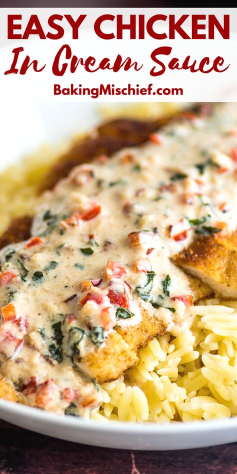 Healthy Cream Sauce Chicken, Chicken And Sauce Over Rice, Breaded Chicken And Rice, Cream Of Chicken Sauce Recipes, Chicken Served Over Rice, Creamed Chicken Over Rice, Rice With Cream Sauce, Chicken With Sauce Over Rice, Keto Cream Sauce For Chicken