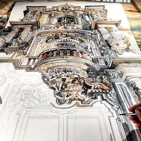 making of Palace of San Telmo on Behance Architecture Antique, Art Alevel, A Level Art Sketchbook, Watercolor Architecture, Architecture Sketchbook, Architecture Design Sketch, Architecture Design Drawing, Idee Cosplay, Architecture Drawing Art