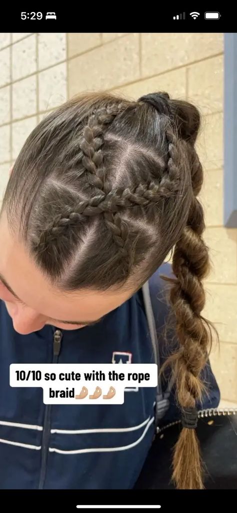 Cute Hairstyles For Sports Soccer, Braided Hairstyles Updo For Sports, French Braid Softball Hair, Braided Hairstyles Softball, Cheer Hair Braids, Dig Pink Hairstyles, Braided Track Hairstyles, Dutch Braid Softball Hair, Hair Styles Soccer