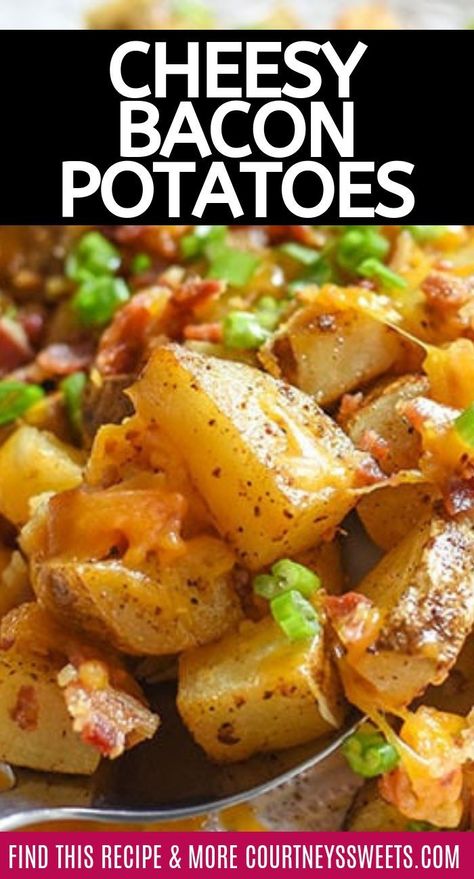 Cheesy Bacon Potatoes are perfect for parties as a side dish or an easy appetizer Cube Steak Side Dishes, Potato’s For A Crowd, Cheesy Bacon Potatoes Casserole, Bacon Dishes Dinners, East Side Dishes For Party, Bacon Cheesy Potatoes, Best Potato Side Dishes, Potatoe Ideas, Simple Side Dishes