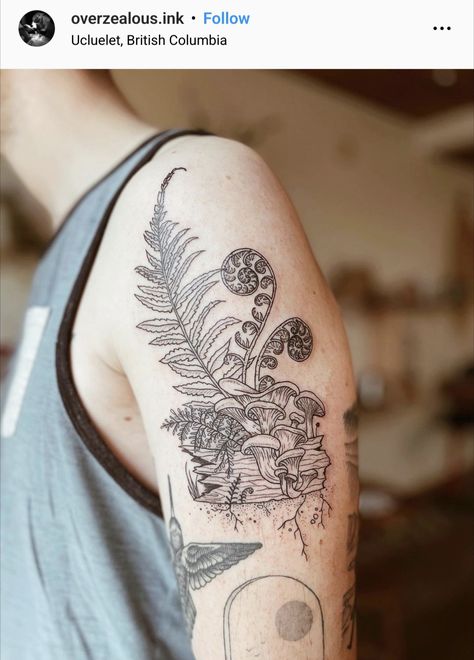 Oyster Mushrooms Tattoo, Tree Mushroom Tattoo, Woodlands Tattoo, Driftwood Tattoo, Fiddlehead Fern Tattoo, Ferns Tattoo, Tattoos For Nature Lovers, Mushroom Tattoo Ideas, Tree Sleeve Tattoo