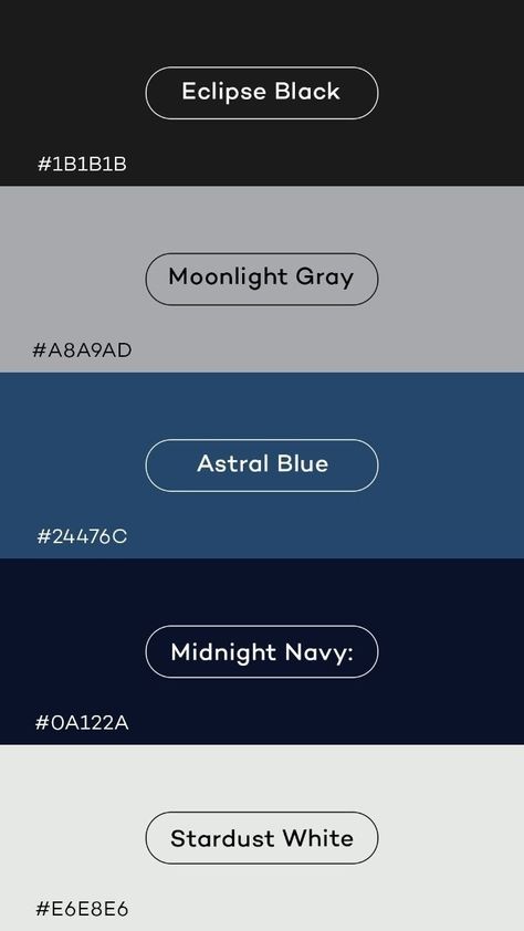 Celestial Color Palette, Night Color Palette, Unique Color Schemes, Silver Color Palette, Blue Website, Navy Color Palette, Rgb Color Codes, Website Color Palette, Black Color Palette