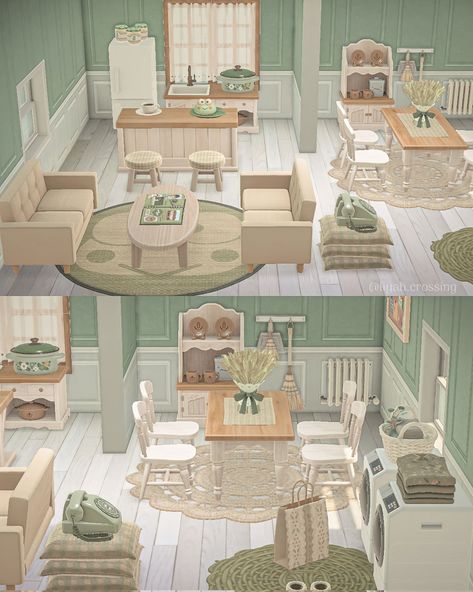 Acnh Living Rooms Ideas, Acnh Hhp, Small Basement Ideas, Ranch Furniture, Green Apartment, Ac New Leaf, Finished Basement Ideas, Happy Home Designer, Fairy Home