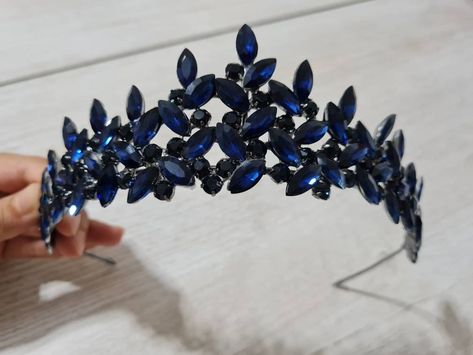 blue crystal tiara, navy blue crown, navy tiara, wedding hair accessories, dark blue crown, bridal crown, flowergirl crown, bridal tiara Wedding Dark Blue Theme, Dark Blue Hair Accessories, Dark Blue Party Theme, Navy Blue And Black Wedding Theme, Dark Blue And Silver Wedding, Dark Blue Tiara, Bluebonnet Wedding, Dark Blue Crown, Dark Blue Wedding Theme