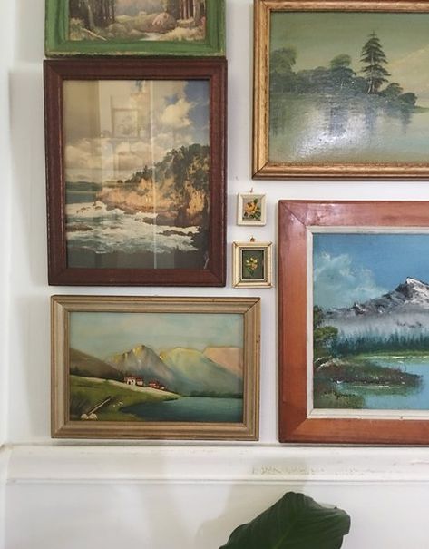 Landscape Paintings Gallery Wall, Gallery Wall Oil Paintings, Gallery Wall Of Landscapes, Vintage Landscape Gallery Wall, Fine Art Gallery Wall, Large Art Gallery Wall, Gallery Wall Mixed Frames, Landscape Photo Wall, Landscape Gallery Wall