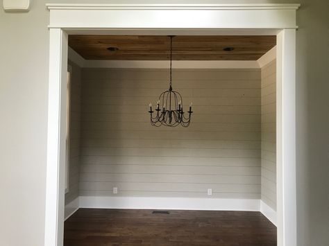 Dining Room. Poplar ceilings, birch flooring. Shiplap walls, SW Repose Gray. Bridesmaid Dresses Neutral, Rustic Mansion, Birch Flooring, Shiplap Room, Painted Shiplap, Sw Repose Gray, Bar Remodel, Birch Floors, Homework Area