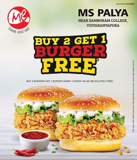 Have you heard of the latest offer at #MeatandEat?  Buy 2 and get 1 #Burger absolutely FREE.  So now double your fun and enjoy the same at your nearest #meatandeat store +Ms palya, near SAMBHRAM COLLEGE,@Vidyaranyapura. Buy 1 Get 1 Free Design Poster Food, Buy 2 Get 1 Free Posters Design, Buy 2 Get 1 Free Posters, Buy 1 Get 1 Free Design Poster, New Collections Poster, Brochure Food, Chicken Fillet, Restaurant Social Media, Graphic Design Website