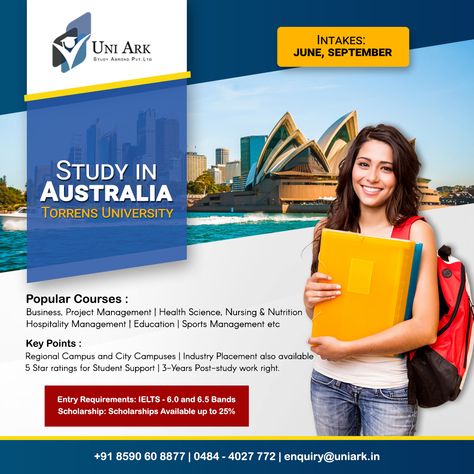 Torrens University is a private university in Australia. It is part of the Laureate International Universities network with campuses in Adelaide that embraces students from across the world. Torrens University Australia offers many courses and intake students in June, September.   For enquiries visit : 🌐 www.uniark.in 📌 Ernakulam, Calicut ☎ 0484-4027772, +91 8590608877 #UniArk #studyabroad #studyaustralia #torrensuniversity University Ads, University In Australia, Coventry University, University Australia, Admissions Poster, Study In Australia, Digital Advertising Design, Social Media Branding Design, Sport Management