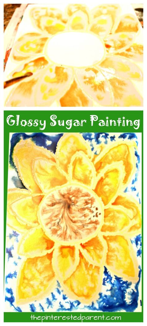 Glossy sugar painting sunflower for the fall - a beautiful painting technique. Kid's arts and crafts projects Sunflower Process Art Preschool, Sugar Painting, Different Painting Techniques, Process Art Preschool, September Art, Salt Painting, Classroom Art Projects, Easy Fall Crafts, Apple Art