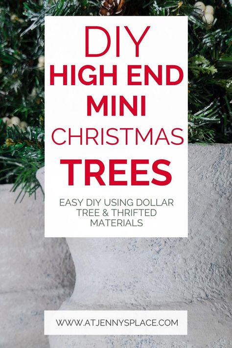 Find out how you too can make these high end Christmas tree urns from thrifted and Dollar Tree materials. Gorgeous faux stone urns. Easy and inexpensive DIY holiday home decor. Diy Faux Christmas Tree, Small Outdoor Christmas Tree Ideas, Christmas Trees In Urns, Small Christmas Tree Base Ideas, Diy Christmas Porch Pots, Christmas Tree Urn Stand, Styrofoam Trees Christmas Diy, Christmas Tree Pot, Christmas Tree In Urn