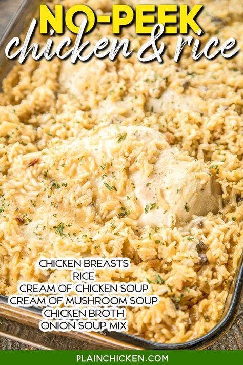 Rice Cream Of Chicken Soup, Cream Of Mushroom Soup Chicken, Mushroom Soup Chicken, Dinner Recipe Chicken, Chicken And Rice Crockpot, Onion Soup Mix Recipe, Chicken And Rice Casserole, Easy Chicken And Rice, Chicken Rice Casserole