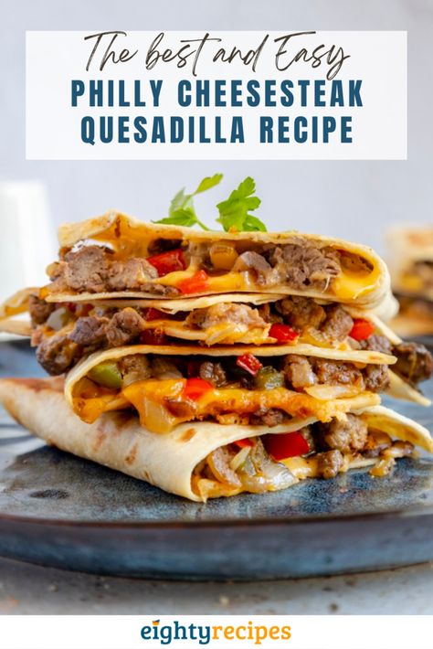 Looking for a mouthwatering meal that's quick and easy? Our Philly Cheesesteak Quesadilla Recipe has got you covered! This fusion of tender beef, sautéed onions, and peppers, all held together with ooey-gooey cheese in a crispy tortilla, is a game-changer. Whether you're a quesadilla connoisseur or a Philly cheesesteak fan, this recipe will satisfy your cravings and become a new favorite! Philly Cheese Quesadilla, Phili Cheesesteak, Philly Cheesesteak Quesadilla, Cheesesteak Quesadilla, Cheese Steak Quesadillas, Mexican Quesadilla, Awesome Sandwiches, Steak Quesadilla, Sautéed Onions