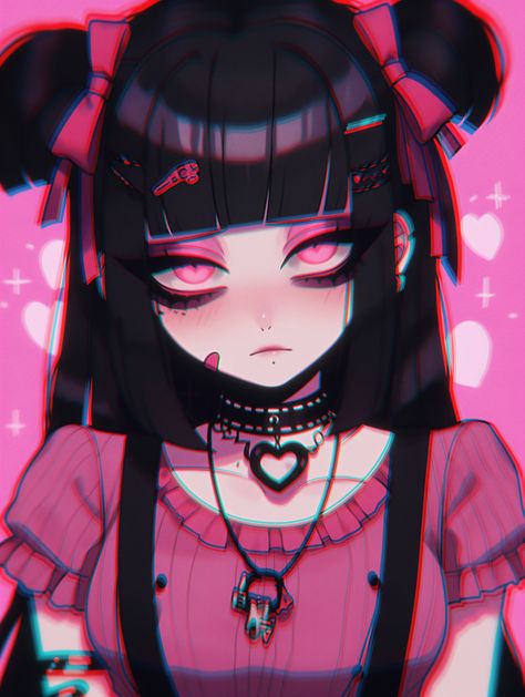 Anime Goth Girlfriend, Goth Anime Girlies, Pink Goth Pfp, Goth Anime Woman, Goth Art Drawing, Goth Character Design, Goth Kawaii Art, Goth Manga, Goth Girl Art