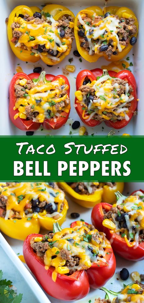 Skip the rice and make this Mexican Stuffed Bell Peppers recipe for an easy and low-carb weeknight dinner! Ground beef flavored with salsa and taco seasoning is stuffed into peppers, topped with shredded cheese, and baked in the oven. Enjoy the best taco flavors by topping this healthy dish with salsa, guacamole, and sour cream. Taco Stuffed Peppers Low Carb, Taco Stuffed Peppers Recipe, Easy Taco Stuffed Peppers, Stuffed Bell Peppers Taco Ground Beef, Bell Pepper Taco Boats, Mexican Stuffed Peppers Beef, Mexican Bell Peppers, Bell Pepper Recipes Low Carb, Taco Meat Stuffed Bell Peppers