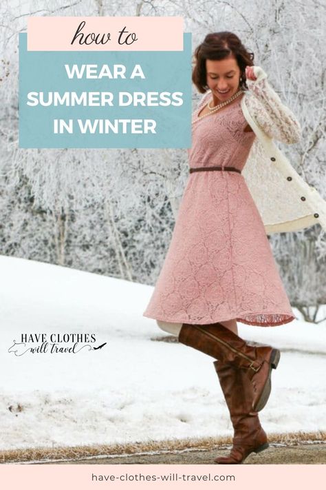 In this style guide from Have Clothes, Will Travel, you will learn tips and advice on how to style a PinkBlush women's lace dress for winter outfits. Although this is more of a cute spring or summer dress, you can pair it with leggings, boots and a cardigan to wear it all winter long! This dress is versatile enough to go from sunny summer to a winter wonderland. Wearing Summer Dresses In Winter, Wearing A Dress In Winter, Pink Dress Winter Outfit, How To Wear A Dress In Winter, How To Wear Dresses In Winter, Summer Dresses In Winter, Dresses In The Winter, Dress For Winter, Leggings Boots