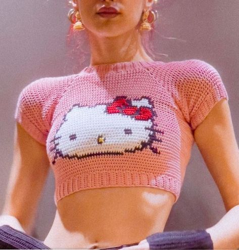 Sanrio Crochet Clothes, Hello Kitty Knitting Pattern, Heart Mesh Top Crochet, Cute Crochet Clothes Patterns, Kawaii Crochet Ideas, Hello Kitty Knitting, Kawaii Crochet Clothes, Hello Kitty Crochet Pattern, Hello Kitty Outfit Aesthetic