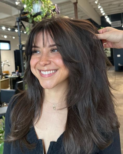 @saraapermenter was made for these wispy bangs 🤎🤎🤎 #bangs #hair #dfwhairstylist #wispybangs | Instagram Thick Hair With Wispy Bangs, Bangs On Long Brown Hair, French Wispy Fringe, Round Face Fringe Bangs, Thick Hair Wispy Bangs, Wispy Face Framing Bangs Straight Hair, Wispy Bangs Square Face Shape, Wispy Bangs With Side Part, Super Wispy Bangs Long Hair